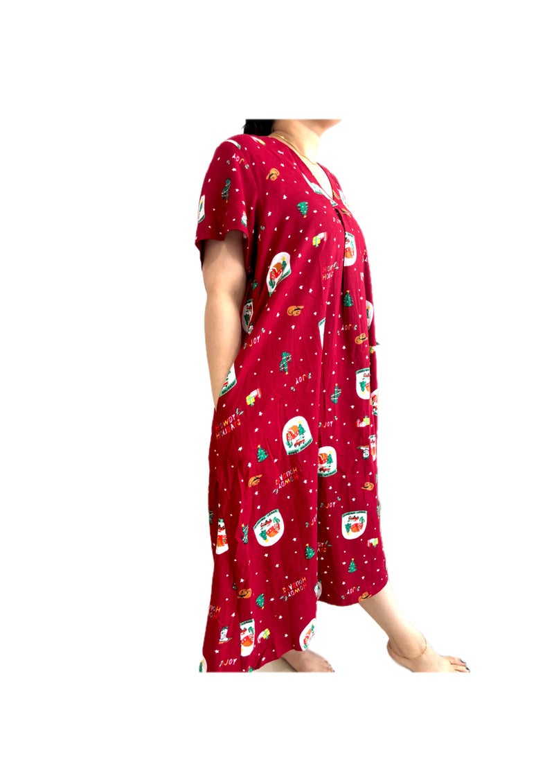 Zebees Christmas Holiday Printed Relaxed Fit Women Dress, V-Neck, Maternity, XXL,Embrace the festive spirit with this delightful red dress