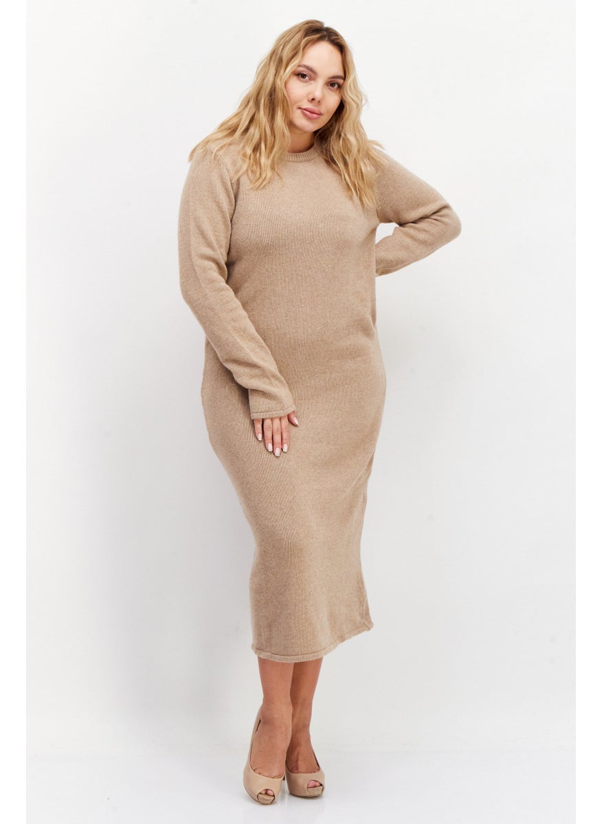 Women Long Sleeve Textured Midi Dress, Beige