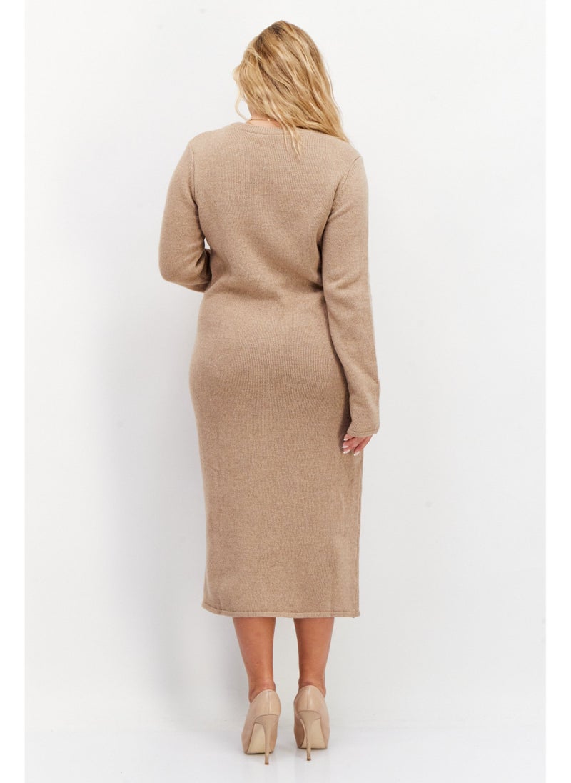 Women Long Sleeve Textured Midi Dress, Beige