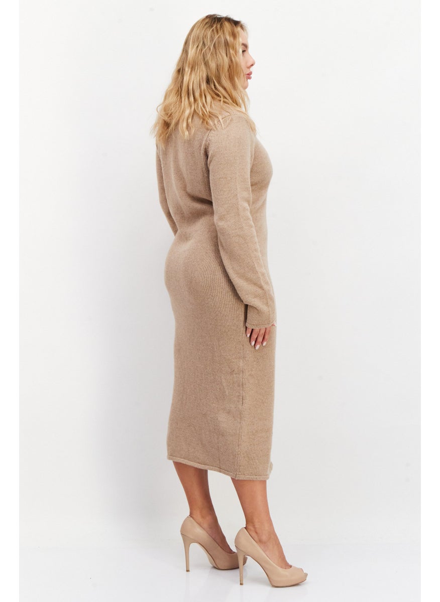 Women Long Sleeve Textured Midi Dress, Beige