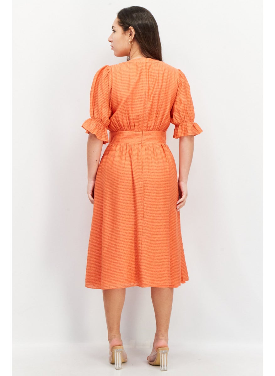 Women V-Neck Short Sleeve Stripe Midi Dress, Orange