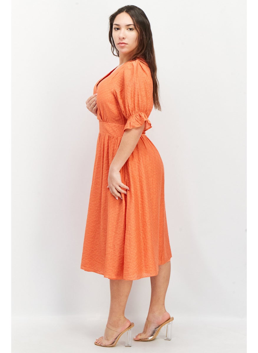 Women V-Neck Short Sleeve Stripe Midi Dress, Orange