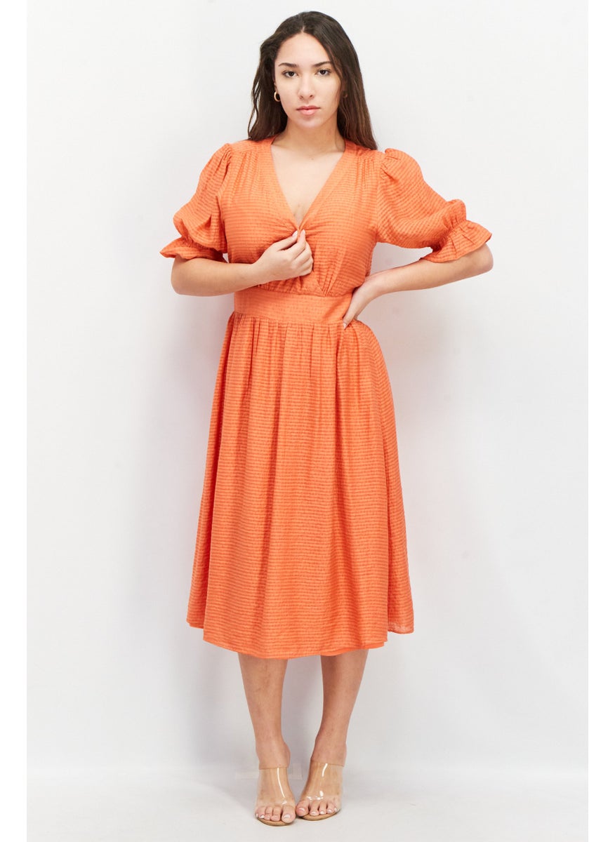 Women V-Neck Short Sleeve Stripe Midi Dress, Orange