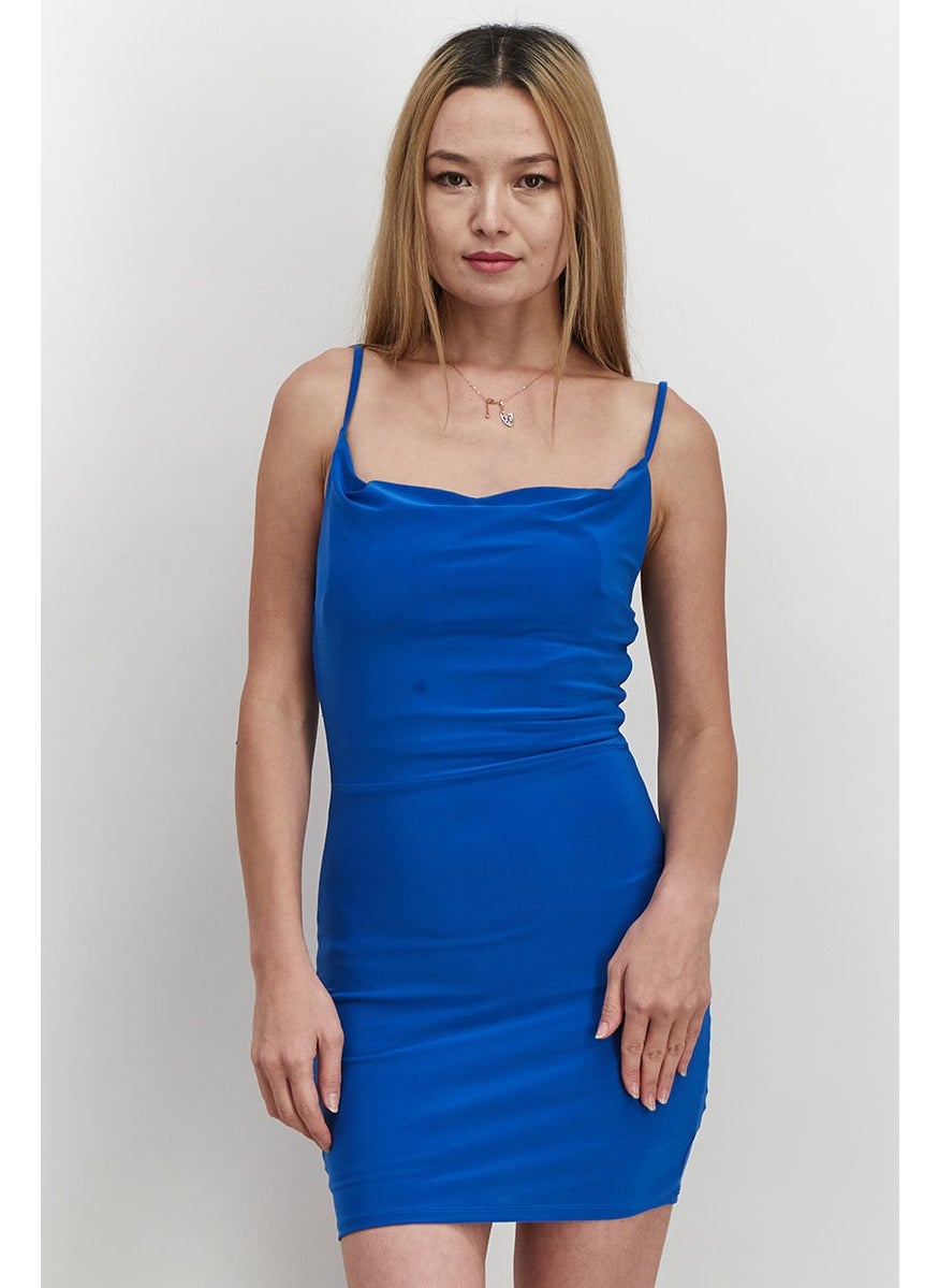 Women Cowl Neckline Sleeveless Plain Midi Dress, Blue