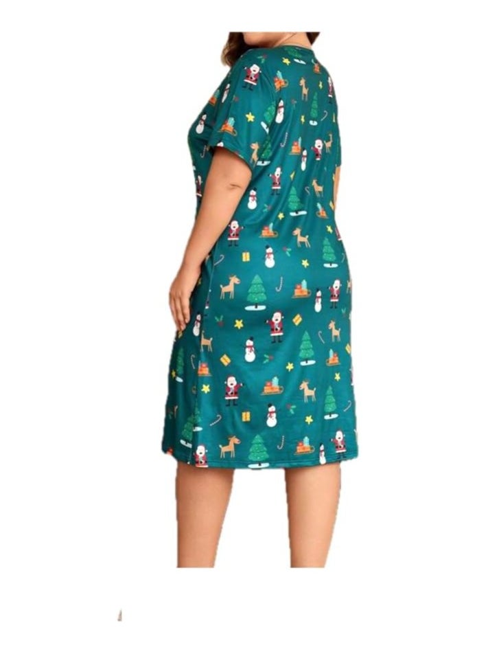 Christmas Themed Women's Dress with Santa, Reindeer, Snowman Motifs, Teal Green, Size XXL/Plus size/Maternity