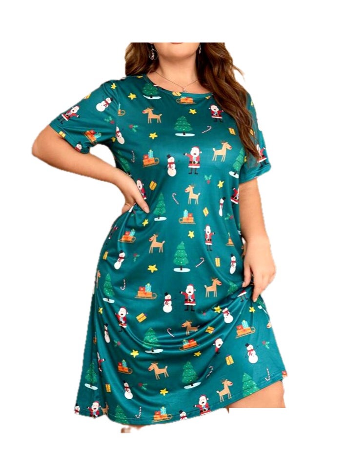 Christmas Themed Women's Dress with Santa, Reindeer, Snowman Motifs, Teal Green, Size XXL/Plus size/Maternity