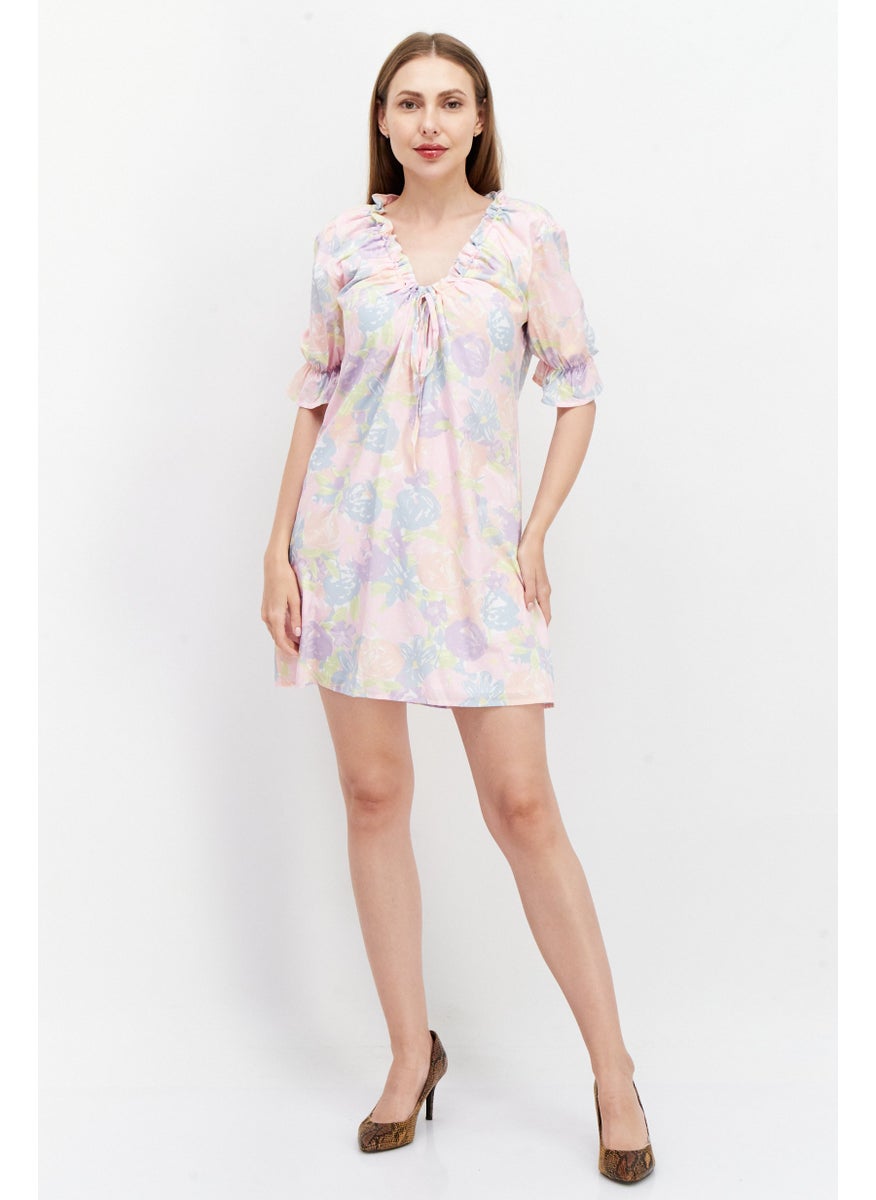 Women Floral Print Mini Dress, Pink Combo