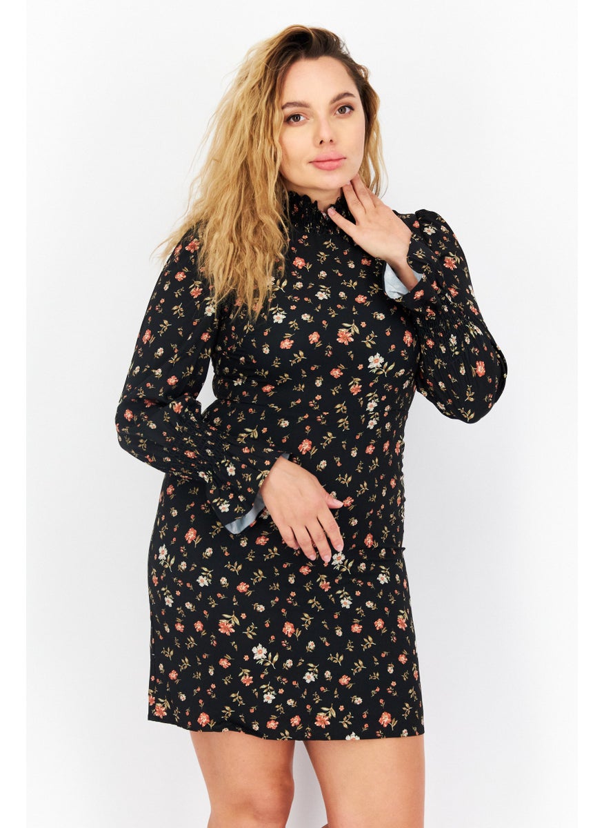 Women Floral Print Casual Mini Dress, Black Combo