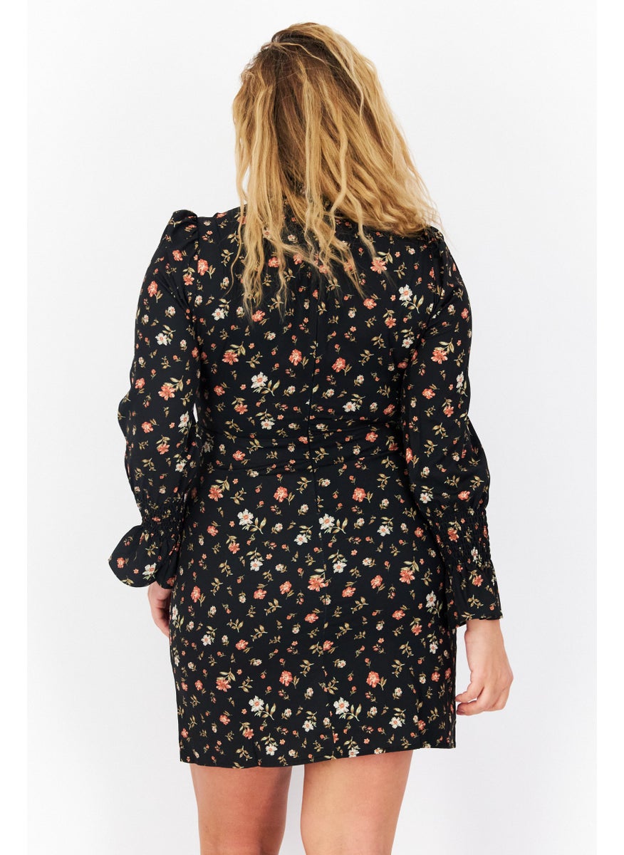 Women Floral Print Casual Mini Dress, Black Combo