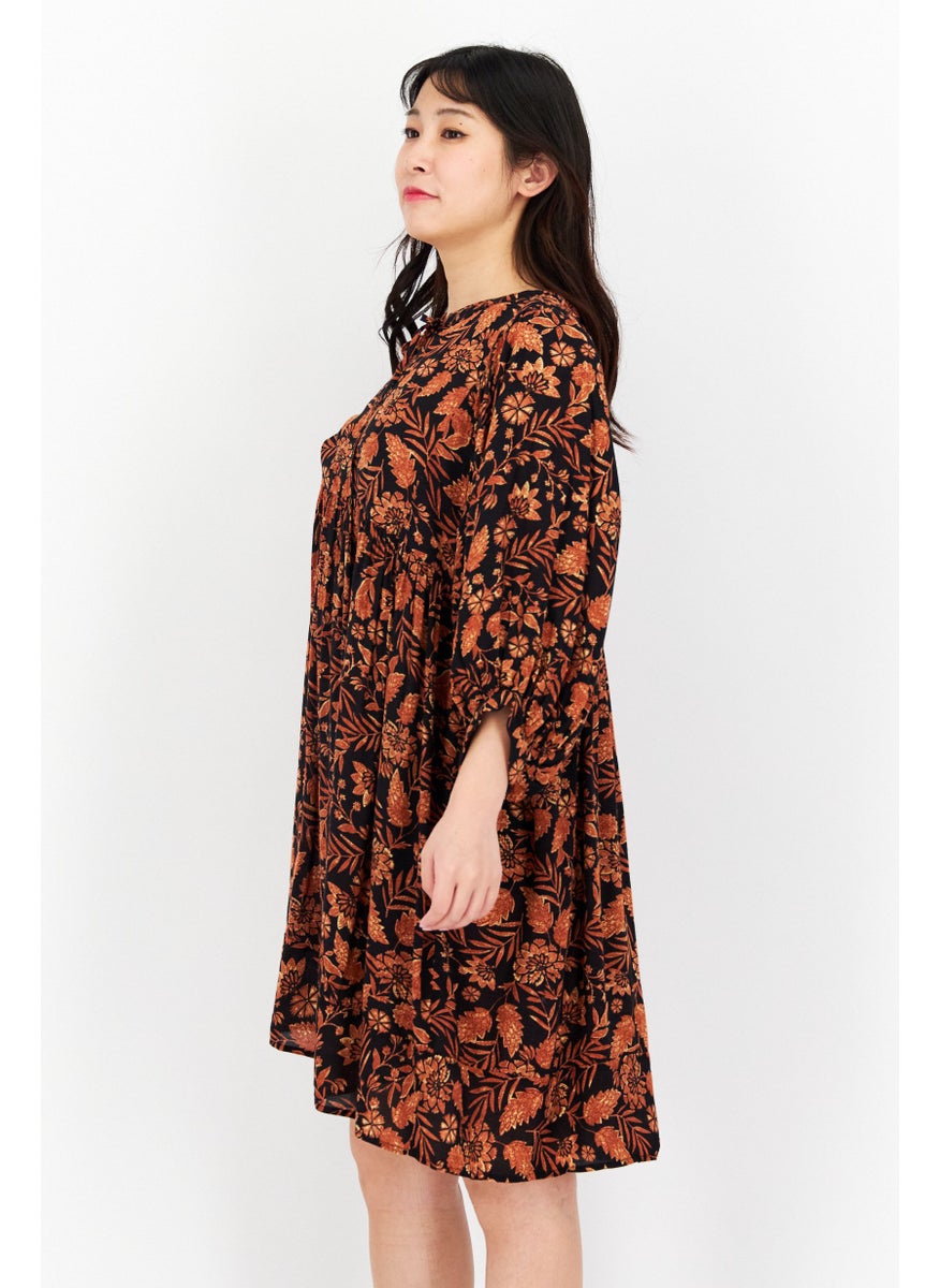 Women Floral Print Mini Dress, Black/Brown