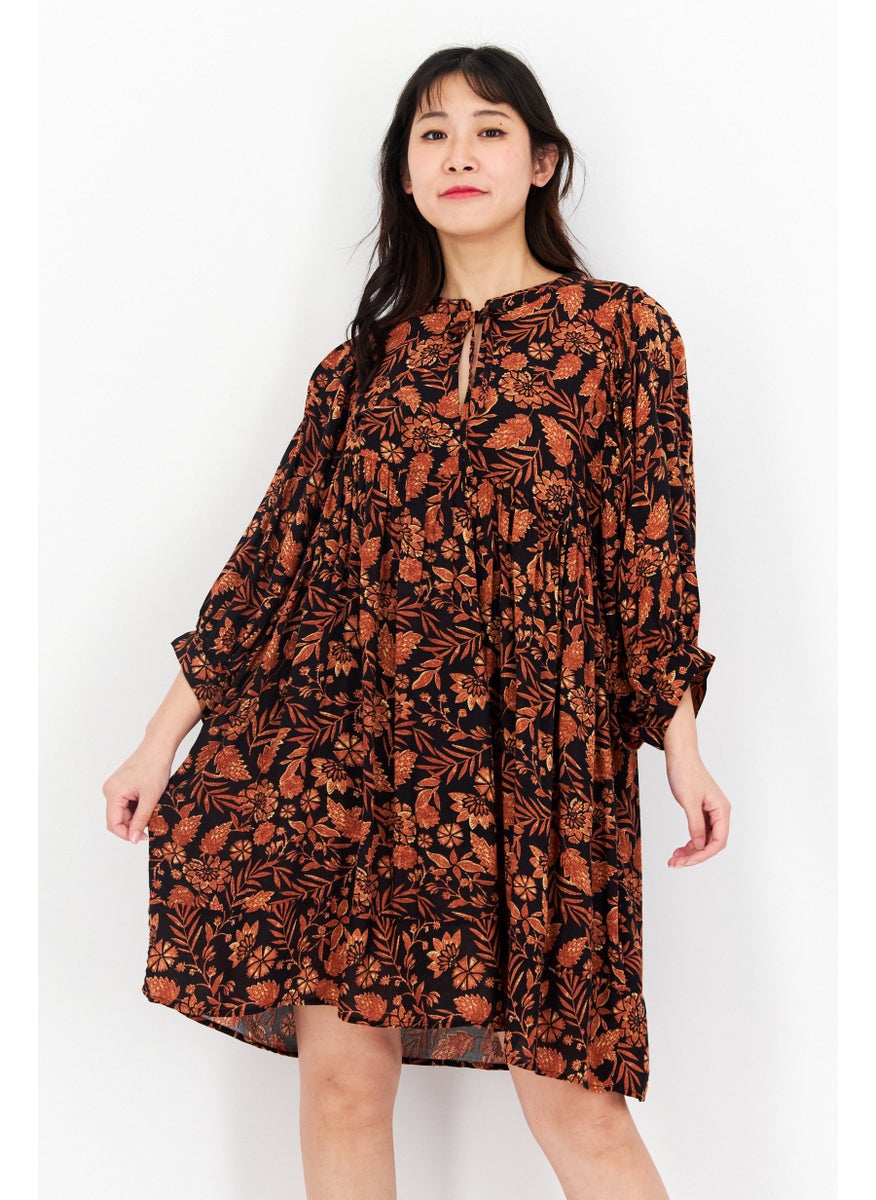 Women Floral Print Mini Dress, Black/Brown