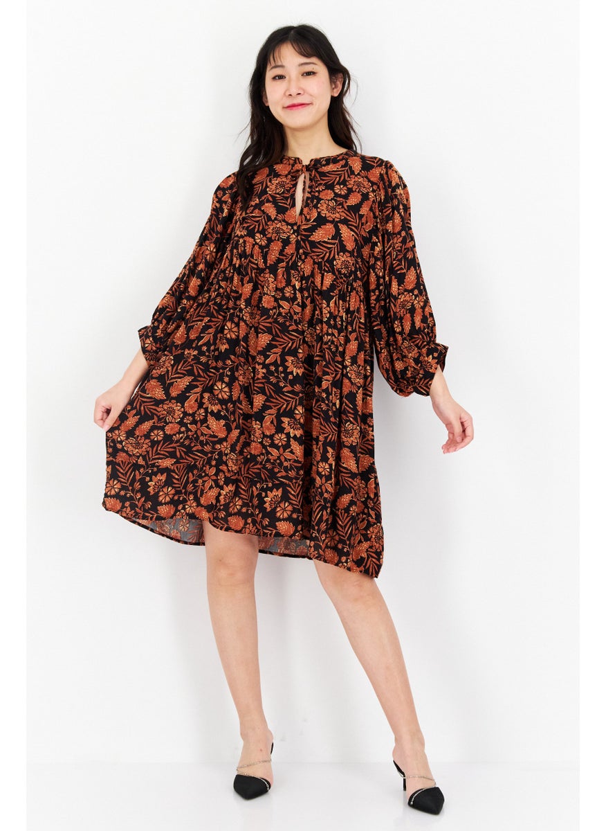 Women Floral Print Mini Dress, Black/Brown