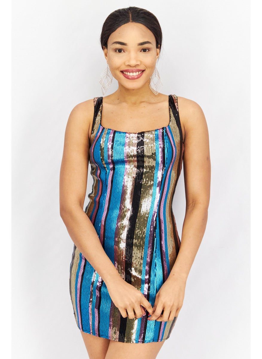 Women Sequined Mini Bodycon Dress, Blue Combo