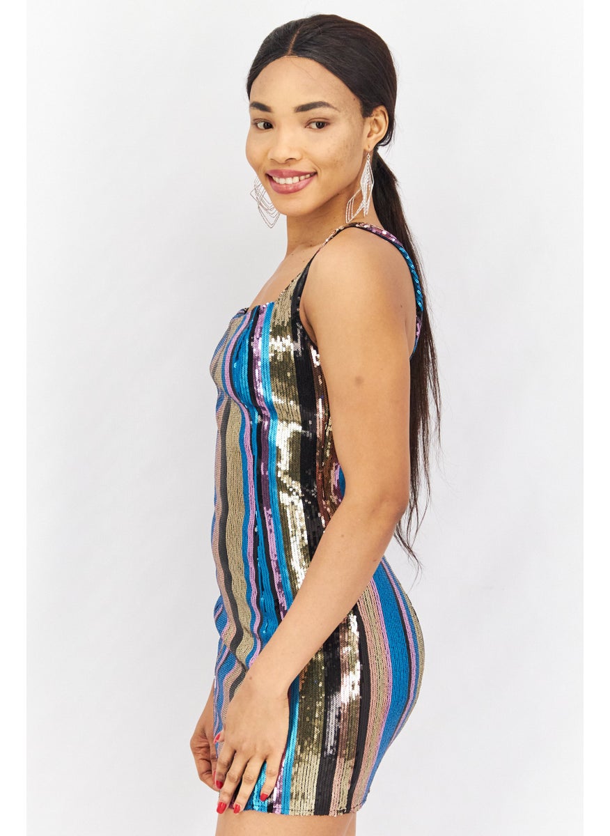 Women Sequined Mini Bodycon Dress, Blue Combo