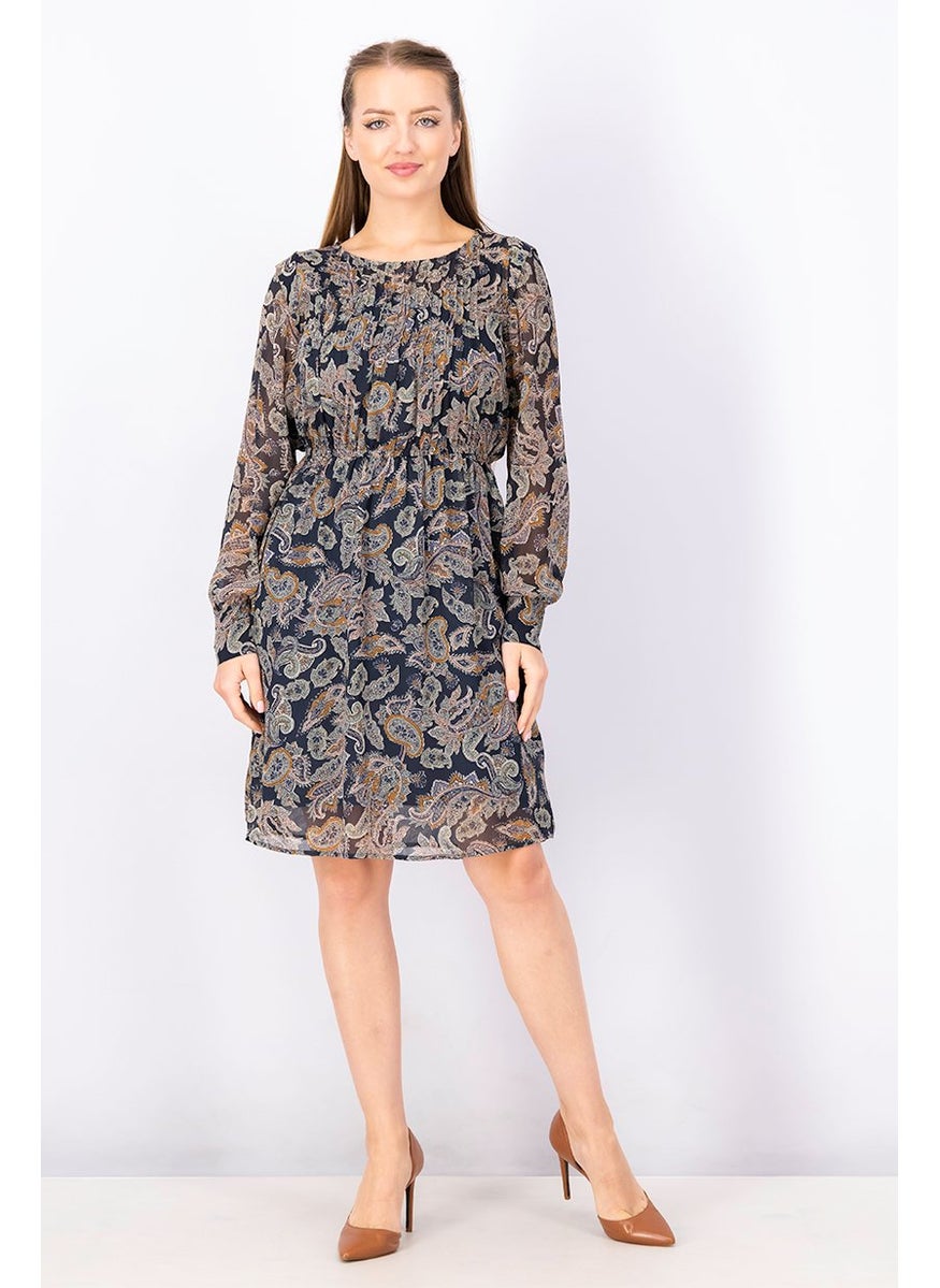 Women Long Sleeve Allover Print Midi Dress, Navy Combo