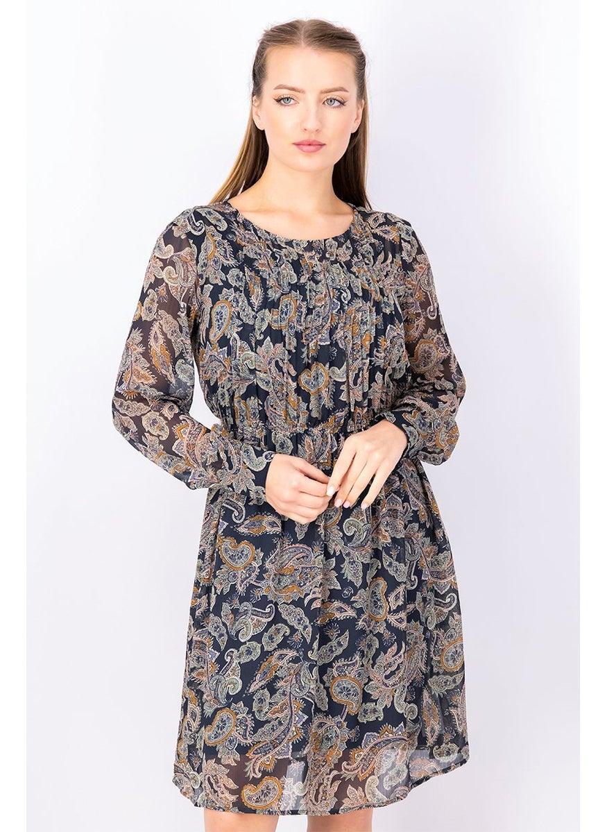 Women Long Sleeve Allover Print Midi Dress, Navy Combo