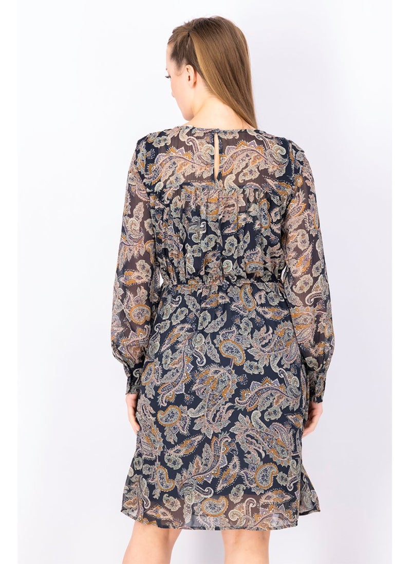 Women Long Sleeve Allover Print Midi Dress, Navy Combo