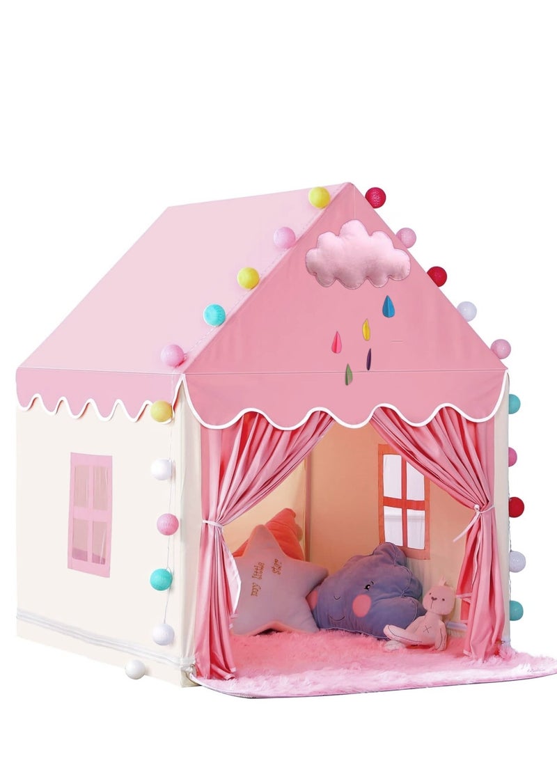 Kids Playhouse with LED Lights and Coral Fleece Mat, Children's Play Tent Activity Center, Cute Princess Castle Game House for Girls, Suitable for bedrooms, living room, backyards, parks (Pink Color, Size 51