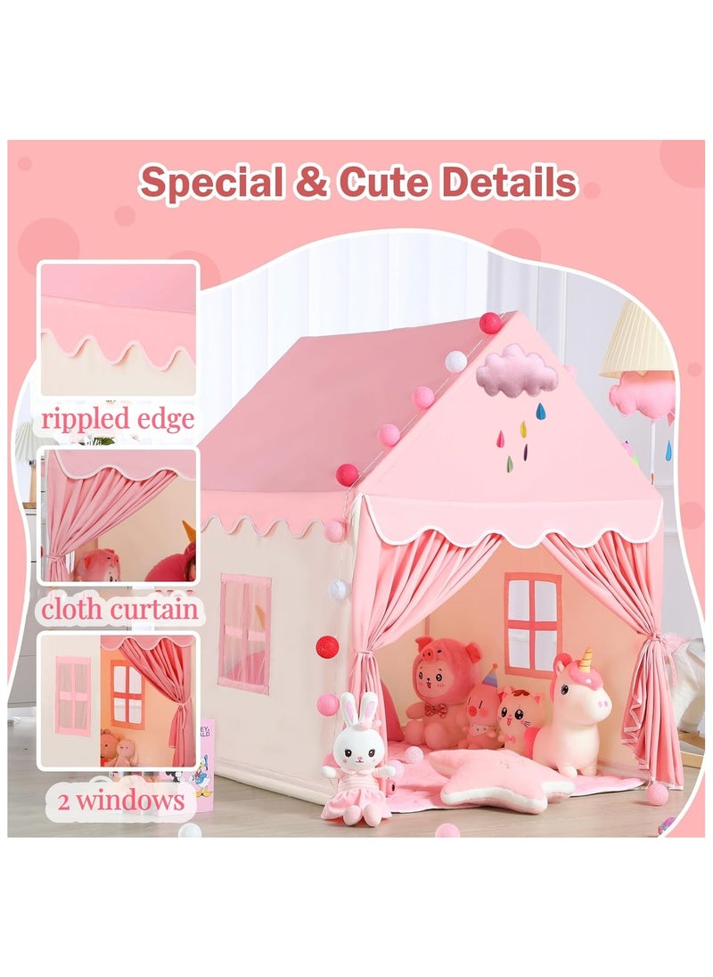 Kids Playhouse with LED Lights and Coral Fleece Mat, Children's Play Tent Activity Center, Cute Princess Castle Game House for Girls, Suitable for bedrooms, living room, backyards, parks (Pink Color, Size 51