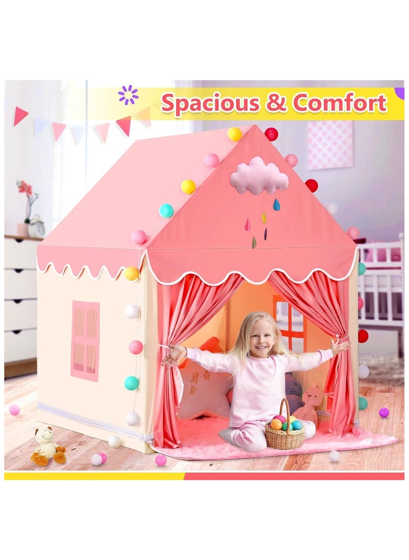 Kids Playhouse with LED Lights and Coral Fleece Mat, Children's Play Tent Activity Center, Cute Princess Castle Game House for Girls, Suitable for bedrooms, living room, backyards, parks (Pink Color, Size 51