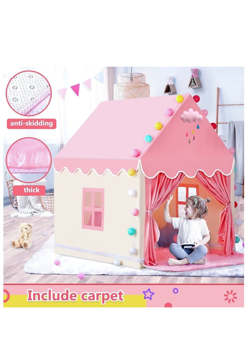 Kids Playhouse with LED Lights and Coral Fleece Mat, Children's Play Tent Activity Center, Cute Princess Castle Game House for Girls, Suitable for bedrooms, living room, backyards, parks (Pink Color, Size 51