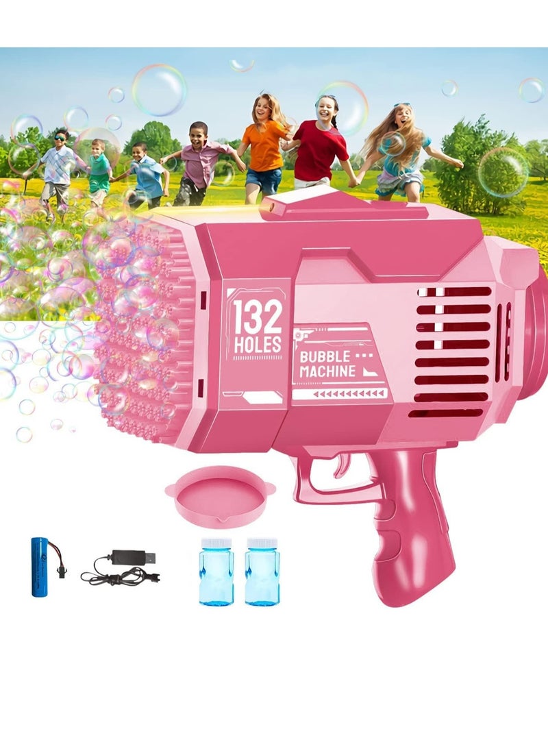 132-Hole Gatling Bubble Gun with Colorful LED Lights | Electric Bubble Launcher with Bubble Liquid for Kids & Adults, Perfect for Outdoor & Indoor Parties, Weddings, and Gardens Pink