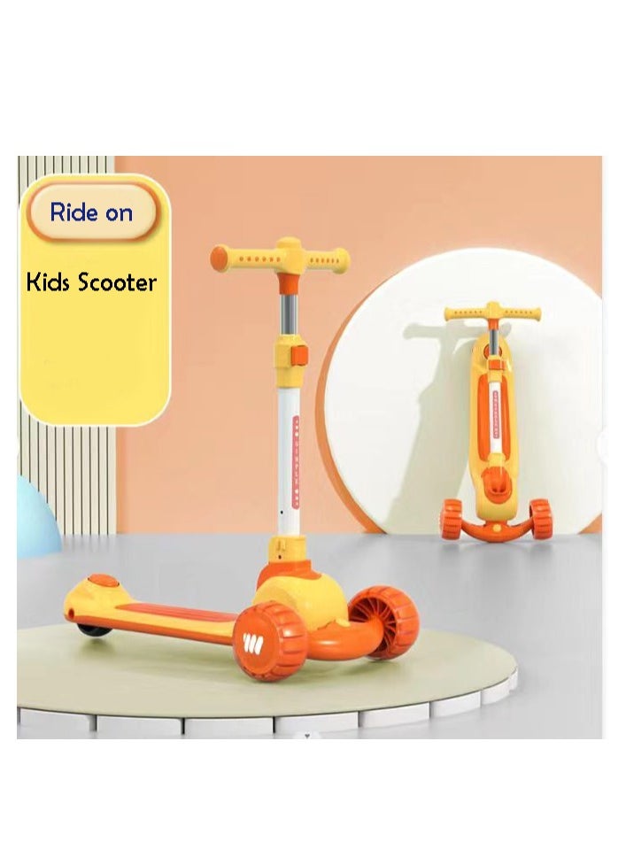 Portable 3 Wheels Kids Pedal Scooter with Adjustable Height - Yellow & Orange