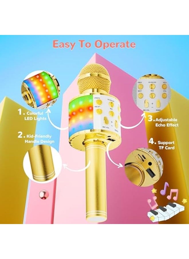 Magic Sing LED Karaoke Microphone Children, Wireless Bluetooth Toy from 3-12 Years, Gift Girls KTV Speaker with Voice Changer, Home KTV Karaoke Machine for Android, iOS, PC (Gold)