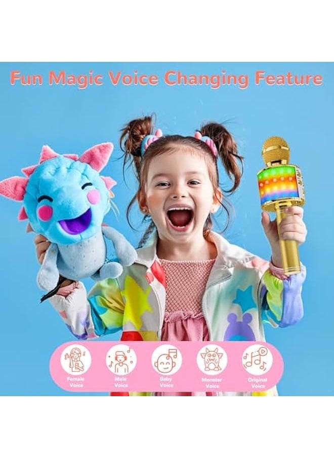 Magic Sing LED Karaoke Microphone Children, Wireless Bluetooth Toy from 3-12 Years, Gift Girls KTV Speaker with Voice Changer, Home KTV Karaoke Machine for Android, iOS, PC (Gold)