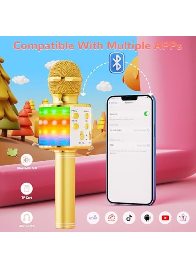 Magic Sing LED Karaoke Microphone Children, Wireless Bluetooth Toy from 3-12 Years, Gift Girls KTV Speaker with Voice Changer, Home KTV Karaoke Machine for Android, iOS, PC (Gold)