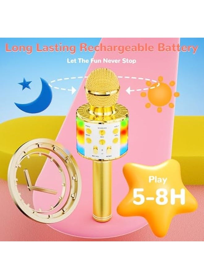 Magic Sing LED Karaoke Microphone Children, Wireless Bluetooth Toy from 3-12 Years, Gift Girls KTV Speaker with Voice Changer, Home KTV Karaoke Machine for Android, iOS, PC (Gold)