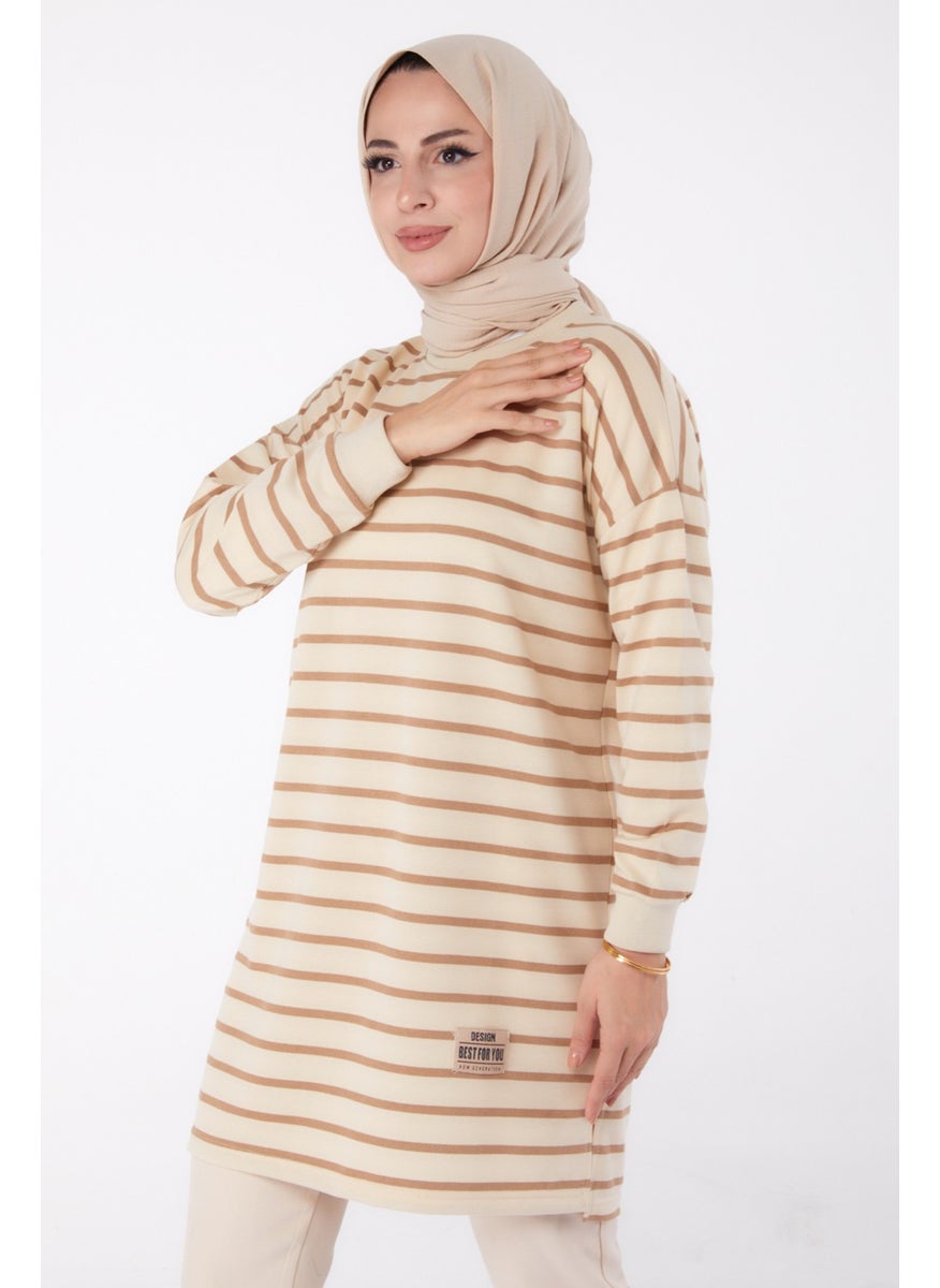 Plain Crew Neck Women's Mink Striped Tunic - 26458