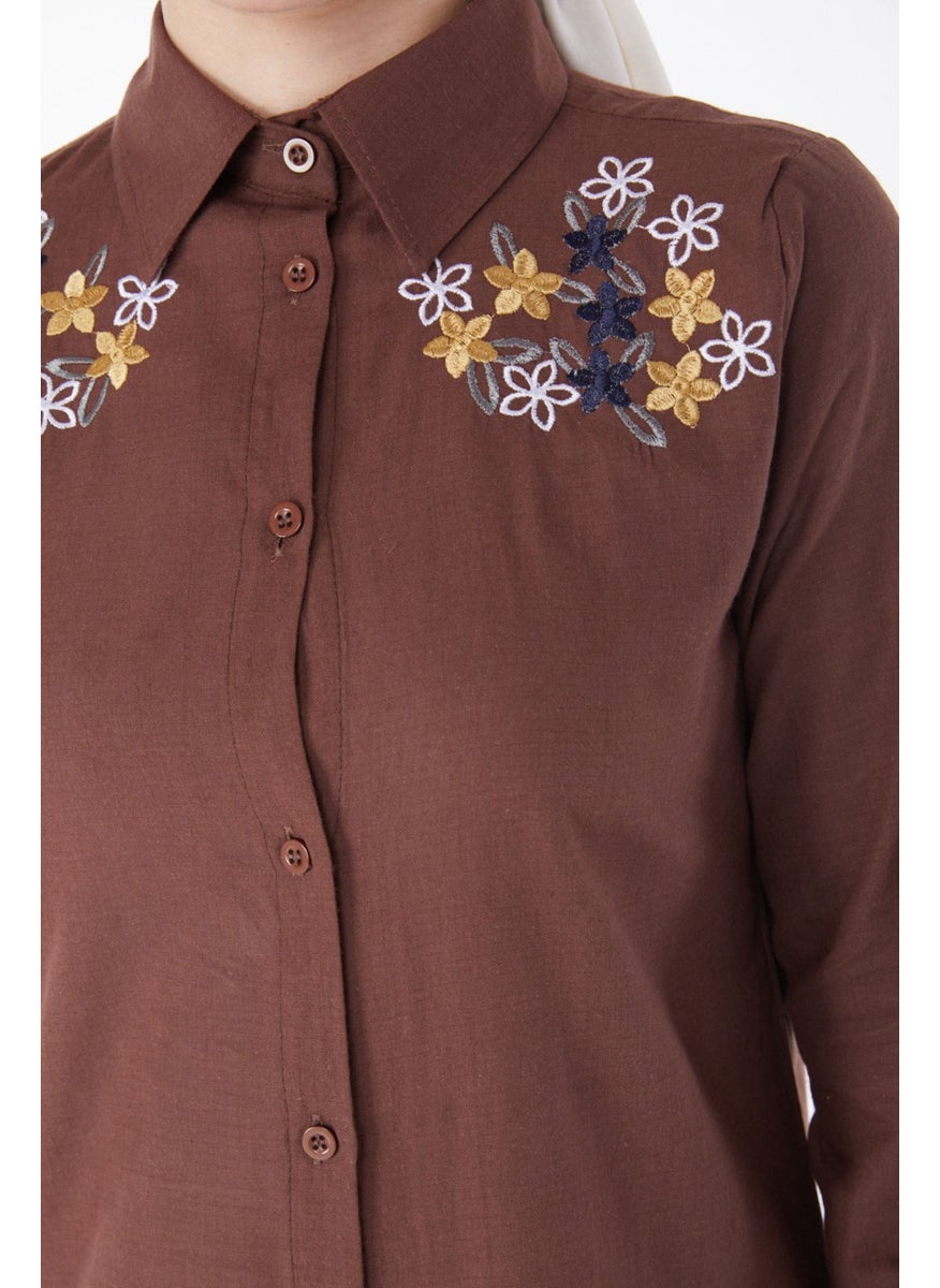 Plain Shirt Collar Women's Brown Embroidered Shirt - 13167