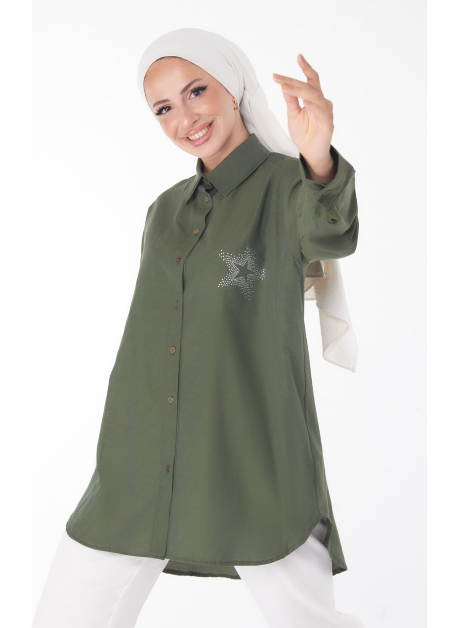 Plain Shirt Collar Women's Khaki Shirt - 13238