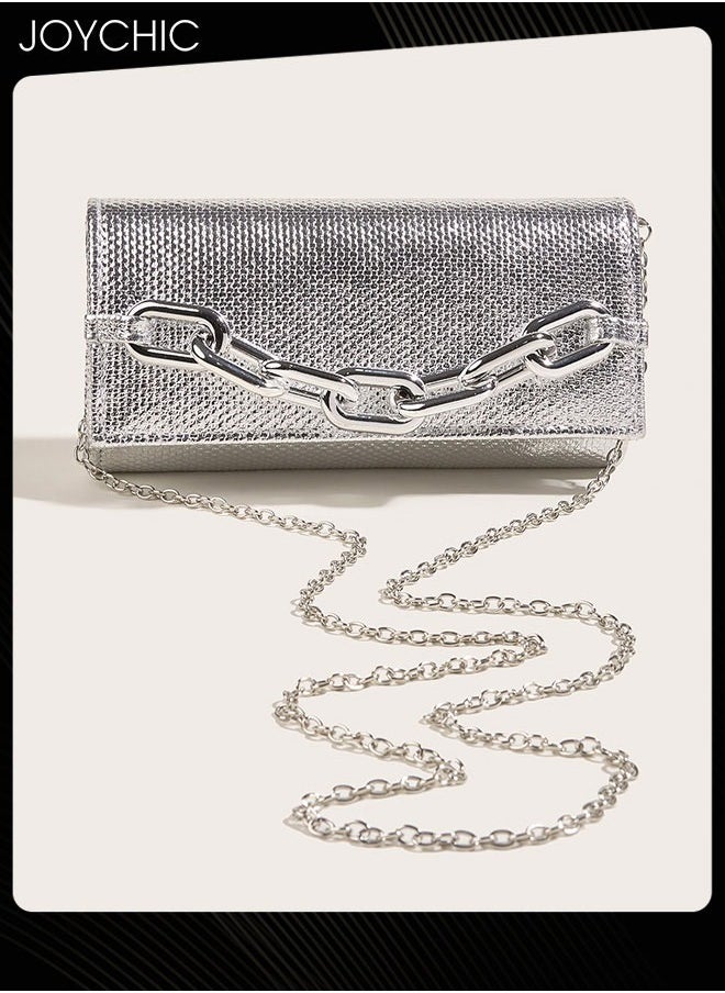 Women Evening Bag Acrylic Chain Clutch Portable Purse PU Waterproof Envelope Handbag for Formal Cocktail Party Daily Shopping Silver