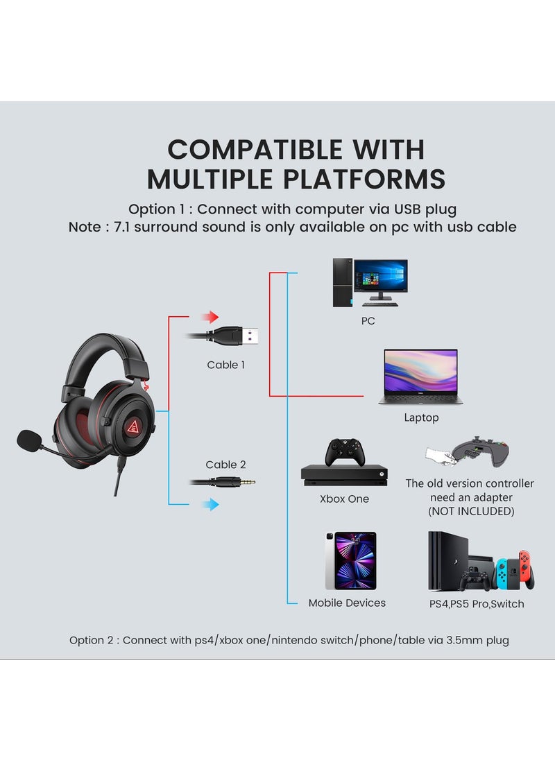 EKSA E900 Pro USB Gaming Headset-Xbox One Headset with 7.1 Surround Sound, PS4/PS5 Headset Noise Cancelling Headset with Mic&LED Light, Compatible with PC, PS4, PS5, Xbox One Controller, Nintendo Switch