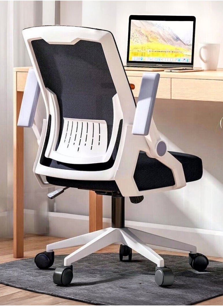 Ergonomic Office Chair Computer Desk Chair Comfy with Adjustable Lumbar Spine Support Mid-Back Mesh Gaming Chair with Flip-up Armrest Tilt Function Task Chair for Home Bedroom White