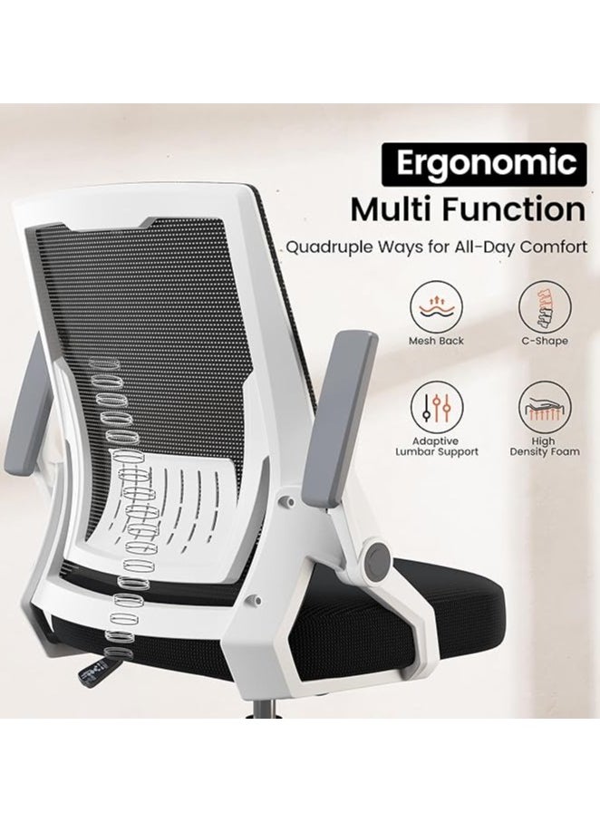 Ergonomic Office Chair Computer Desk Chair Comfy with Adjustable Lumbar Spine Support Mid-Back Mesh Gaming Chair with Flip-up Armrest Tilt Function Task Chair for Home Bedroom White