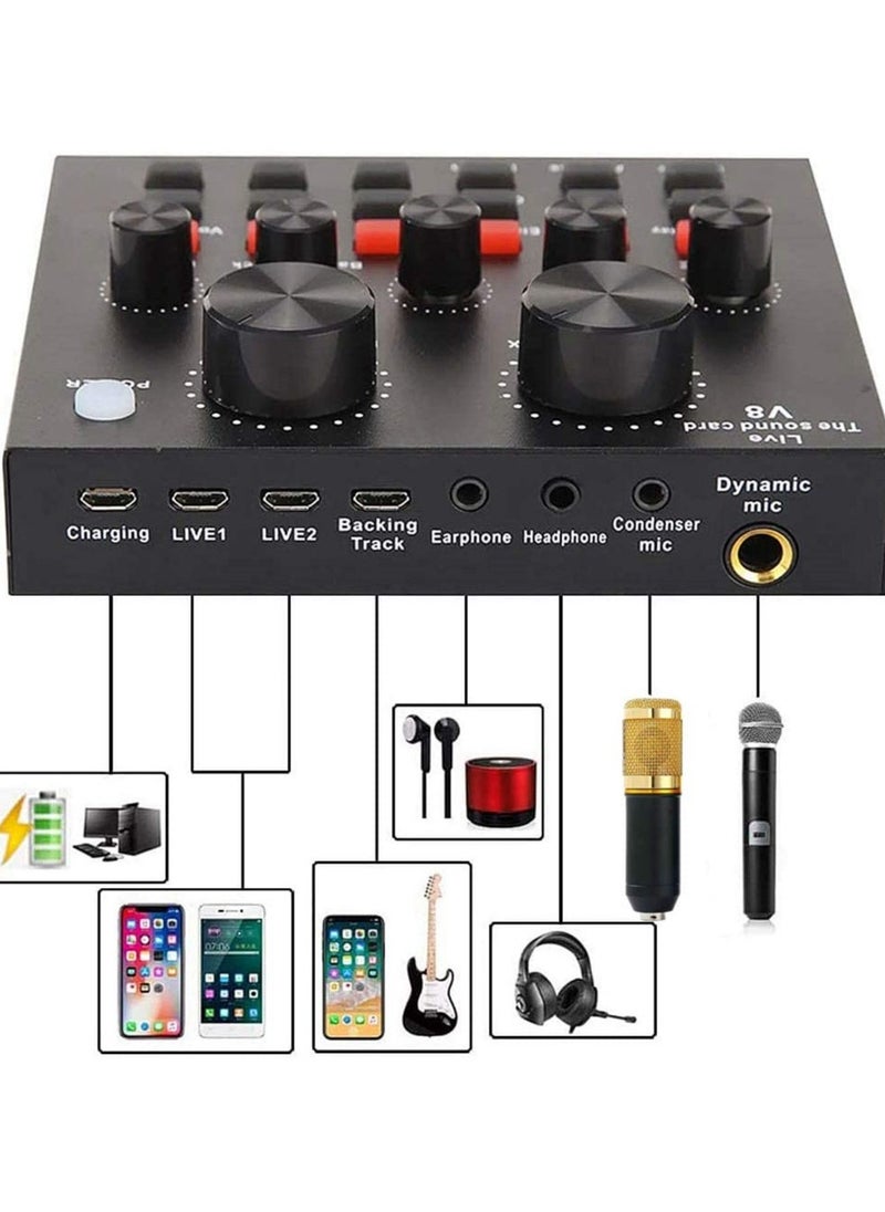 V8S Sound Card Upgraded BM-800A Condenser Microphone Set for Live Streaming Karaoke And Voice Recording Recording Sound Card Voice Changer Device With Multiple Funny Sound Effect USB Audio Interface