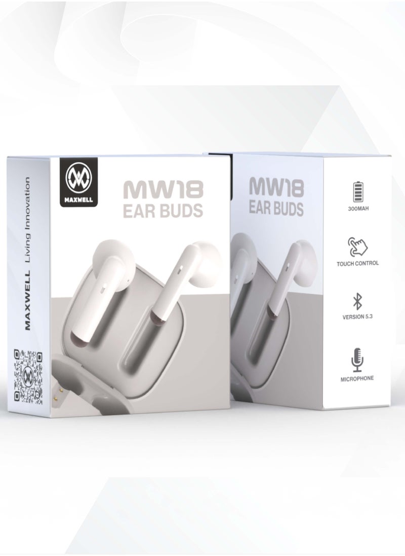 Maxwell MW18 Bluetooth Earbuds, Premium Mic for Clearer Calls, 4 Hours Playback per Charge, Type-C Charging, Bluetooth 5.3, Siri Voice Assistant, Pocket-friendly, Lightweight Case (Beige)