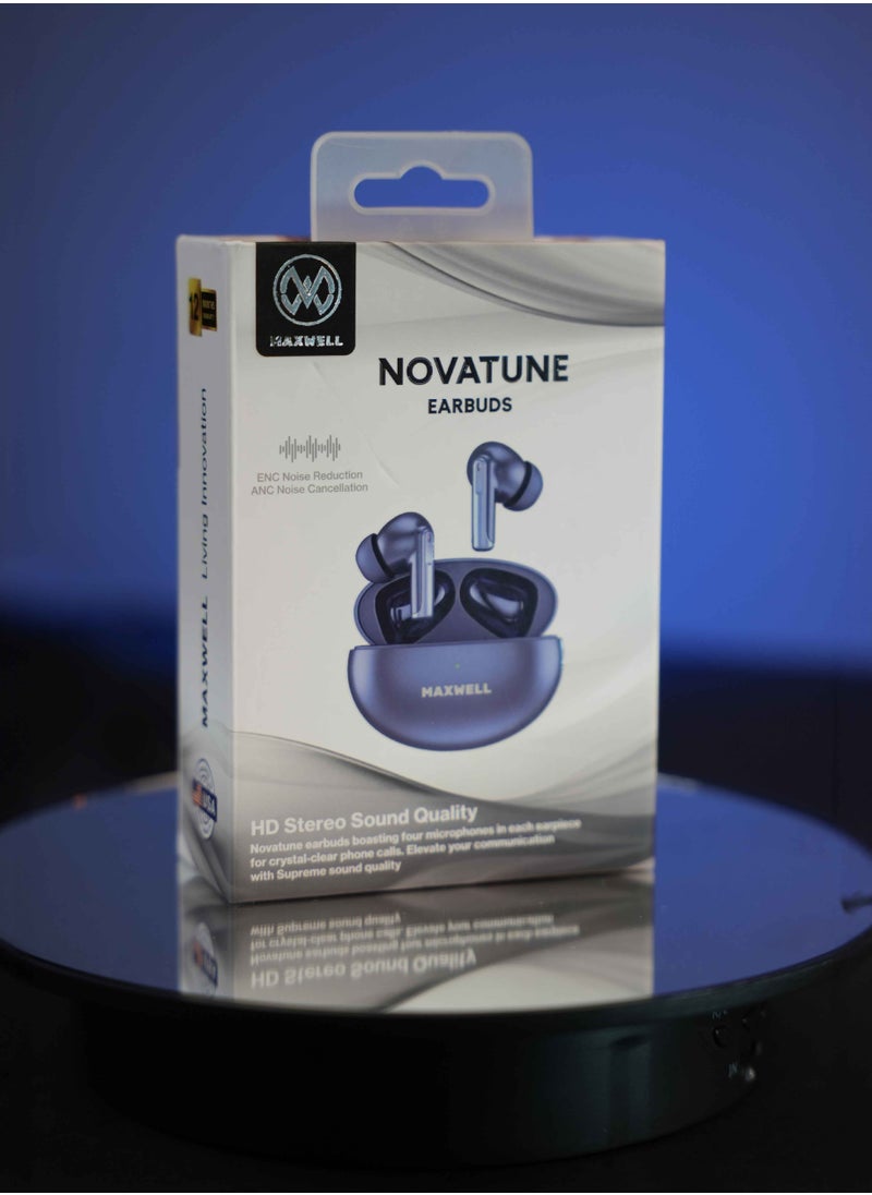 Maxwell NOVATUNE Earbuds, Bluetooth 5.3, Premium Mic for Clear Calls, 15m Wireless Range, 3 Hours Play/Talk Time, 400mAh Charging Case, Lightweight, High-Fidelity Audio Earphones (Blue)