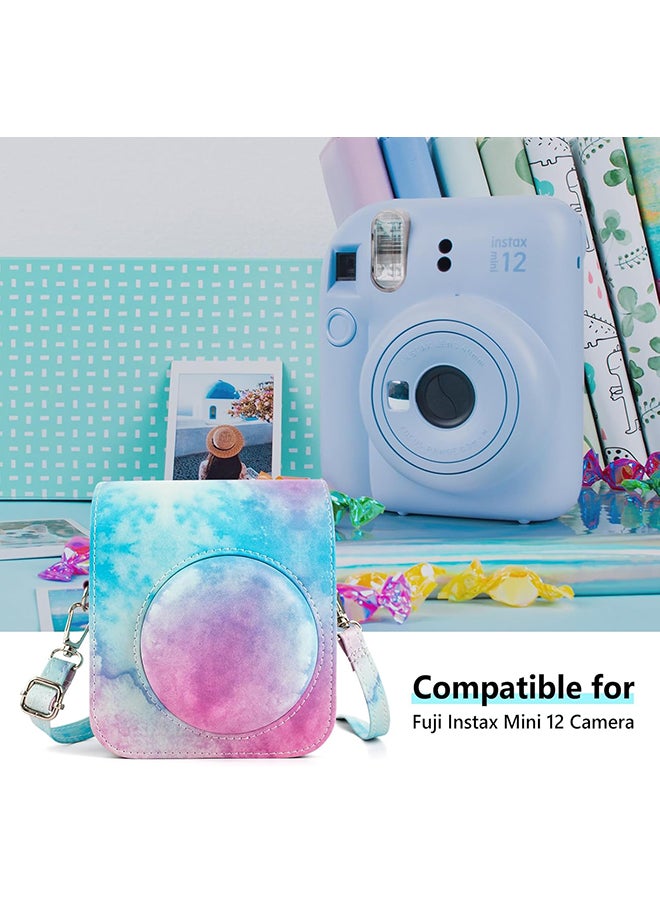 PU Leather Camera Case for Fujifilm Instax Mini 12 Instant Camera | Protective Camera Cover with Adjustable Shoulder Strap - Blue pink painting