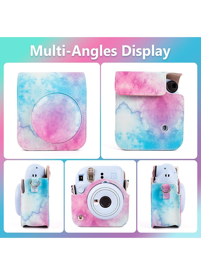 PU Leather Camera Case for Fujifilm Instax Mini 12 Instant Camera | Protective Camera Cover with Adjustable Shoulder Strap - Blue pink painting