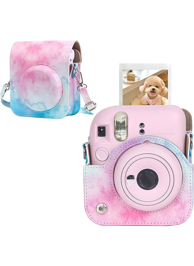 PU Leather Camera Case for Fujifilm Instax Mini 12 Instant Camera | Protective Camera Cover with Adjustable Shoulder Strap - Blue pink painting