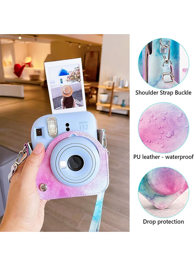 PU Leather Camera Case for Fujifilm Instax Mini 12 Instant Camera | Protective Camera Cover with Adjustable Shoulder Strap - Blue pink painting