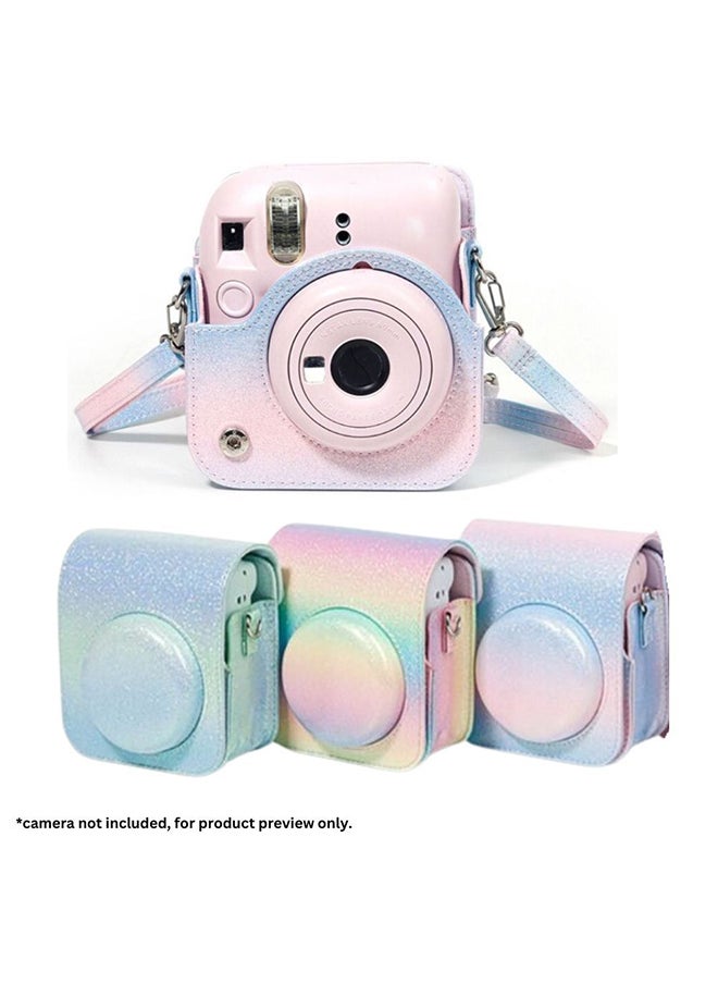 Protective Camera Case for Fujifilm Instax Mini 12 Instant Camera PU Leather Glitter Gradient Style Camera Bag with Shoulder Strap- Pink&Blue