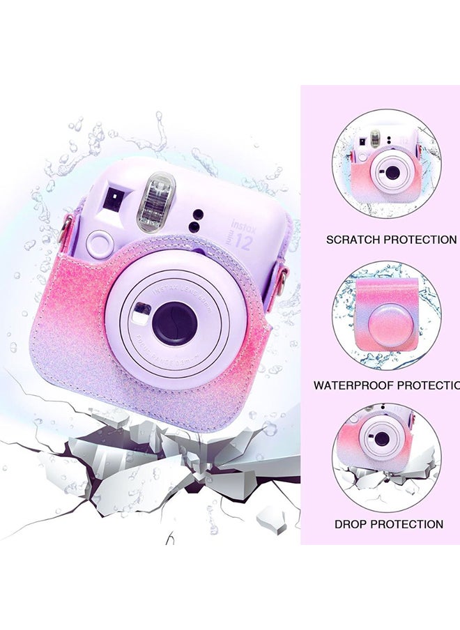 Protective Camera Case for Fujifilm Instax Mini 12 Instant Camera PU Leather Glitter Gradient Style Camera Bag with Shoulder Strap- Pink&Blue