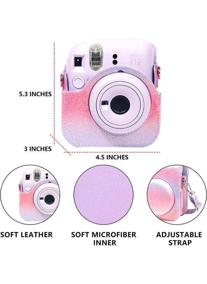 Protective Camera Case for Fujifilm Instax Mini 12 Instant Camera PU Leather Glitter Gradient Style Camera Bag with Shoulder Strap- Pink&Blue