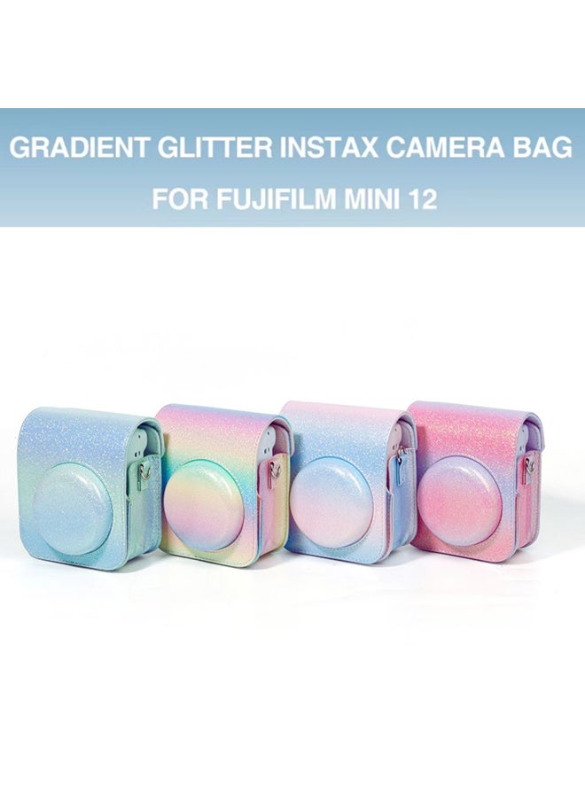 Protective Camera Case for Fujifilm Instax Mini 12 Instant Camera PU Leather Glitter Gradient Style Camera Bag with Shoulder Strap- Pink&Blue