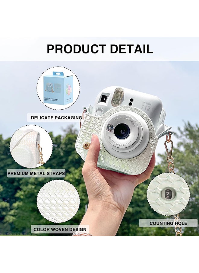 Camera Case for Fujifilm Instax Mini 12 Instant Camera, PU Leather Glitter Woven Camera Bag with Shoulder Strap & 64 Pockets Mini Photo Album- White